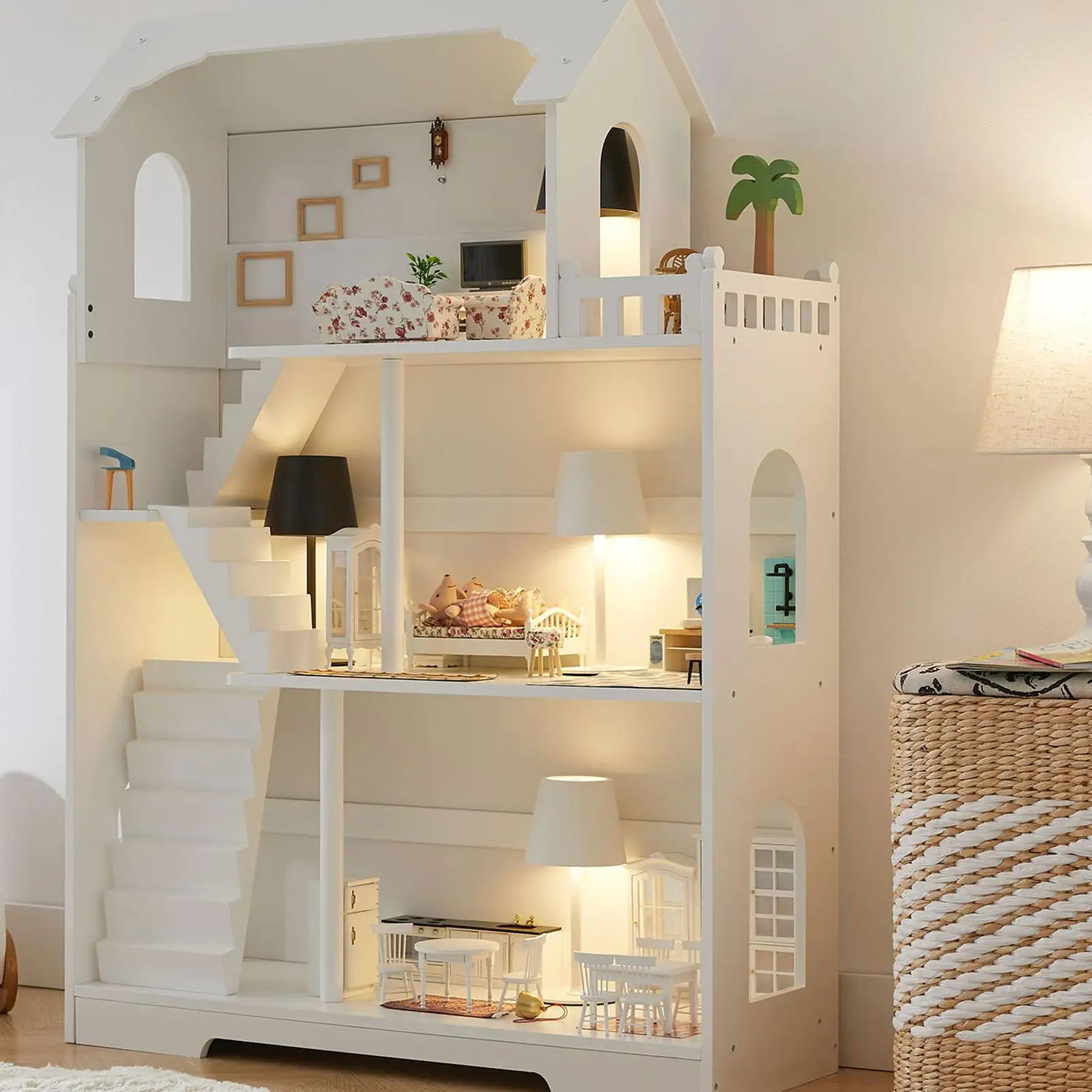 

Wooden Toddler Dollhouse Bookcase, 3-Tier Kids Toy Storage Bookshelf, Pretend Play Doll House Gift for Ages 3+