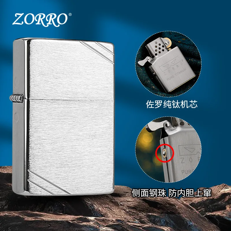 ZORRO Pure Titanium Movement Chrome Brushed Cut Angle Oil Windproof Lighter, Friends' Birthday, Gift Boys' Holiday Gift