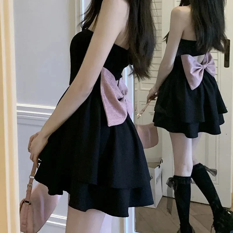 Black Mini Dresses Womens Back-bow Design Korean Lovely Party Dress Fashion Leisure Summer Y2K Hollow Backless Strapless Dress