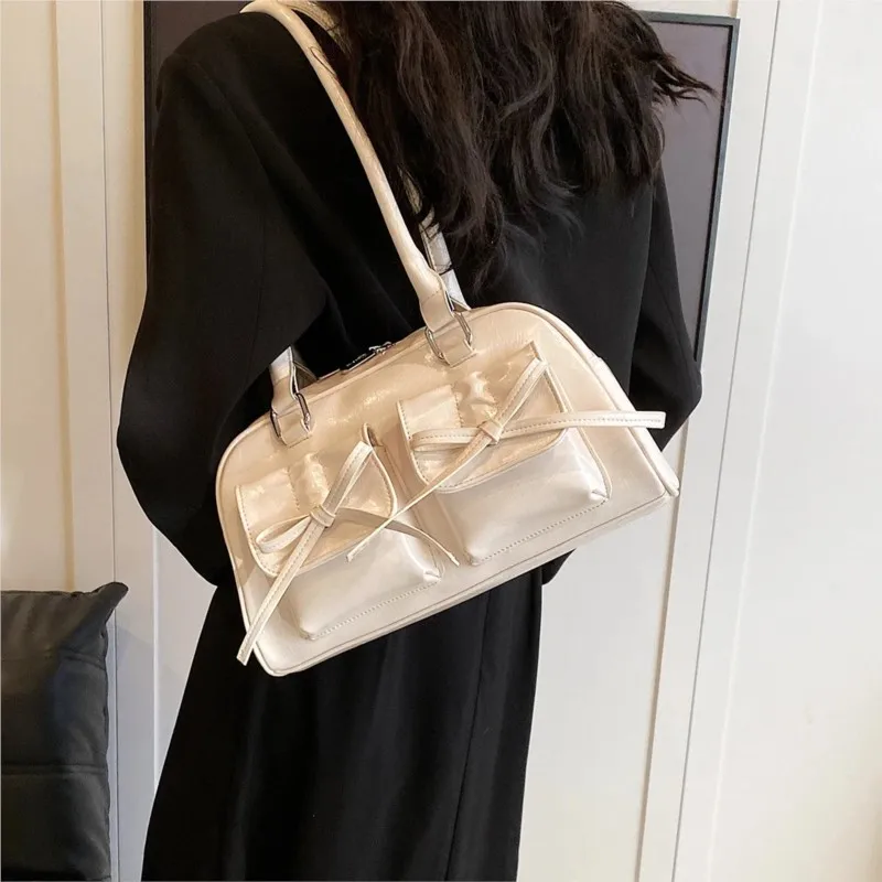 Bolso de hombro de alta calidad para mujer, bolsa de cuero PU con lazo y bolsillos dobles, a la moda coreana, de lujo, novedad de 2024