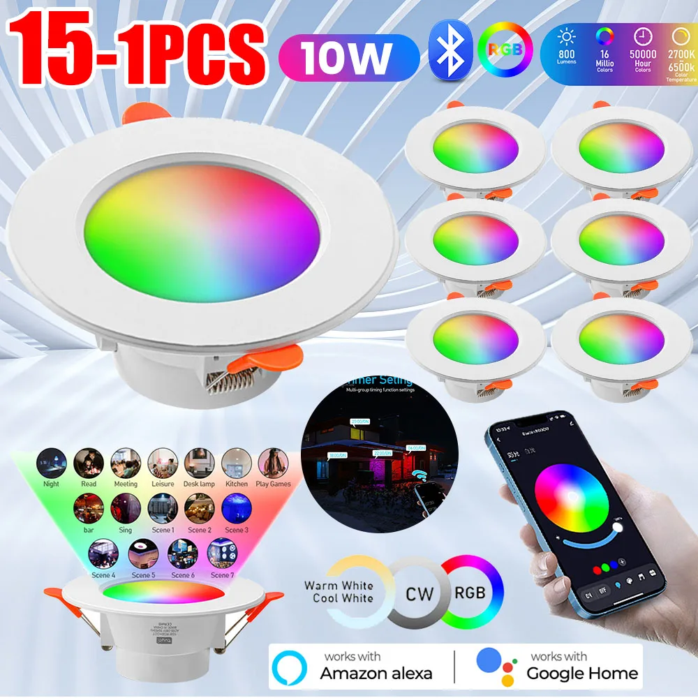 10W LED Downlight Bluetooth Smart Ceiling Light RGB Color Changing Recessed Ceiling Lamp Voice Control for Alexa Google Home 