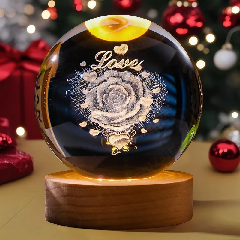 8Cm Luminous Crystal Ball Night Light Wooden Base 3D Engraved Decorative Light Creative Christmas Desktop Holiday Gift Small