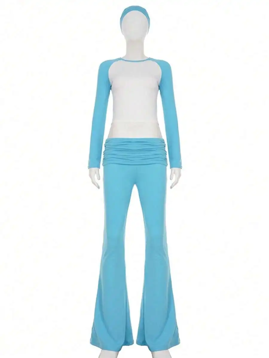 

Women 3pcs Y2K Color Block Raglan Crop Top Fold Over Flare Pants Set With Headband