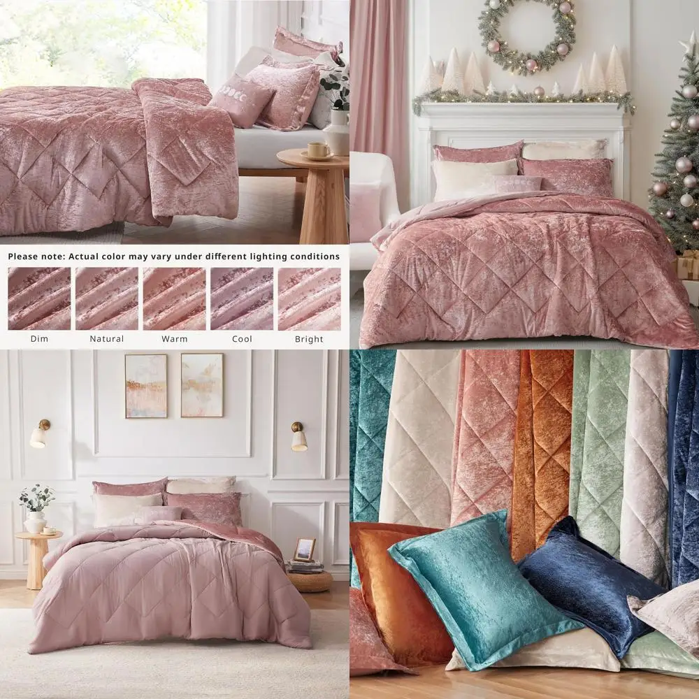 

Luxurious Velvet King Comforter Set with Diamond Quilt & 2 Shams, Plush Pink Bedding Ensemble