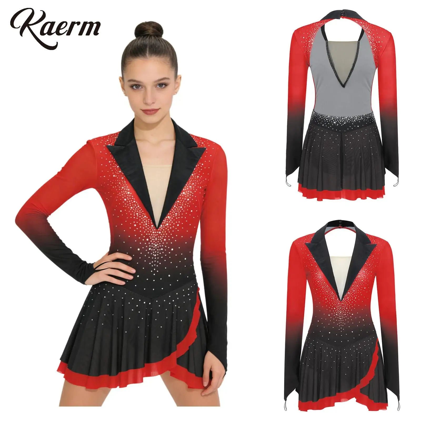 

Women Rhinestone Figure Skating Dress Ballet Gymnastic Acrobatics Leotard Backless Color Block Mesh Gradient Lyrical Dance Dress