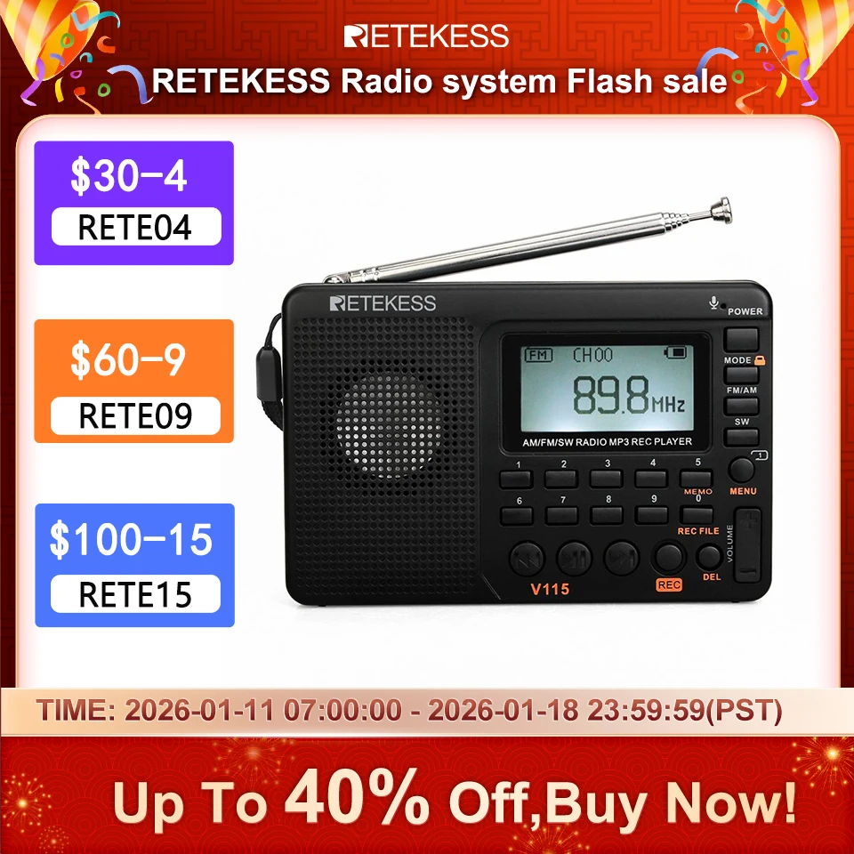 Retekess V115 radio portatile am fm radio a onde corte mini radio ricaricabile con lettore MP3, suono eccellente per il campeggio e il regalo