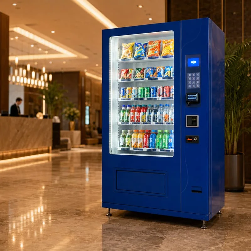 Modern Compact Snack and Beverage Selling Machine Combines QR Payment and Coin Acceptor with Customized Product Channels