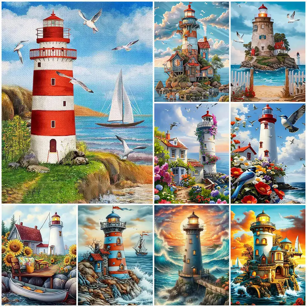DIY Malen Nach Zahlen Leuchtturm Haus Landschaft Acryl Farbe Meer Boot Digitale Ölgemälde Möwe Zeichnung Leinwand Wohnkultur