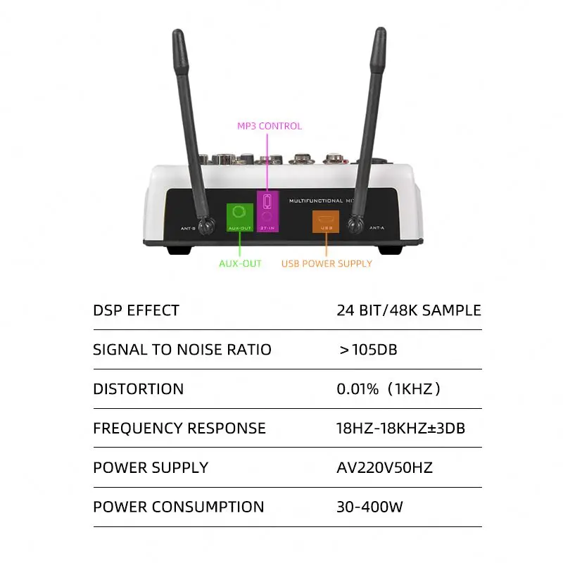 Mélangeur audio sans fil à double canal UHF professionnel, déterminer le mélangeur audio du micro pour la diffusion en direct, l'enregistrement, le karaoké, la vente en gros