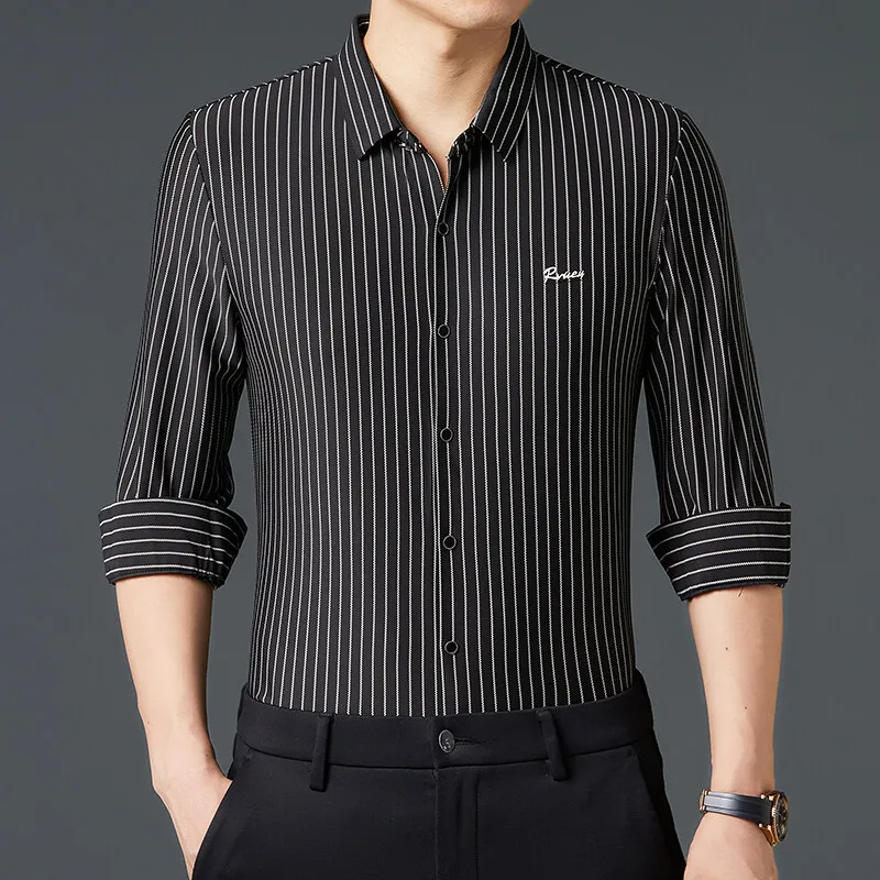 Camisas casuales elásticas para hombre Camisa de vestir a rayas de manga larga Camisas de trabajo de negocios sin arrugas Camisa de vacaciones