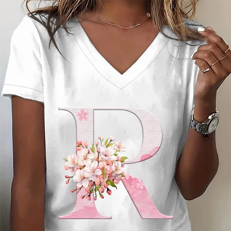 Pink Sakura 26 Alphabet Fashion Casual Tops Women Cherry Blossom Lover V-neck Short Sleeve T-shirt Letter R Floral Gift Clothing