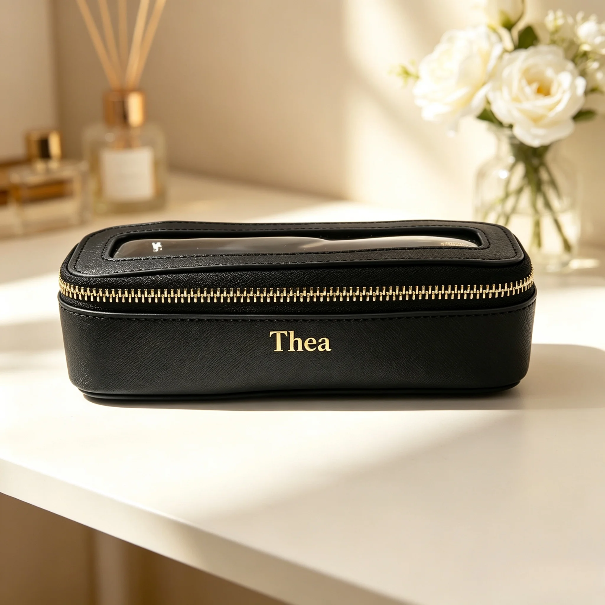 Customized Name Personalized PU Leather Women's Transparent Makeup Brush Box, PVC Makeup Bag Women's Toiletries Accessories