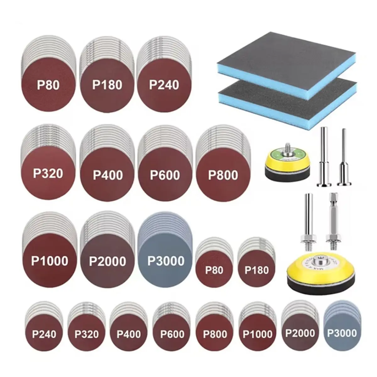 【Abrasives】 150 Pieces of 2/3 Inch 80-3000 Round Backing Gasket + Rod + Sponge Sand Block for Metal Wood Glass
