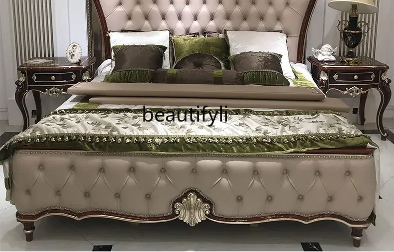 A71 European-Style Leather Bed Master Bedroom Luxury Solid Wood Carved Marriage Bed Princess Bed New Classical First Layer Cowhi