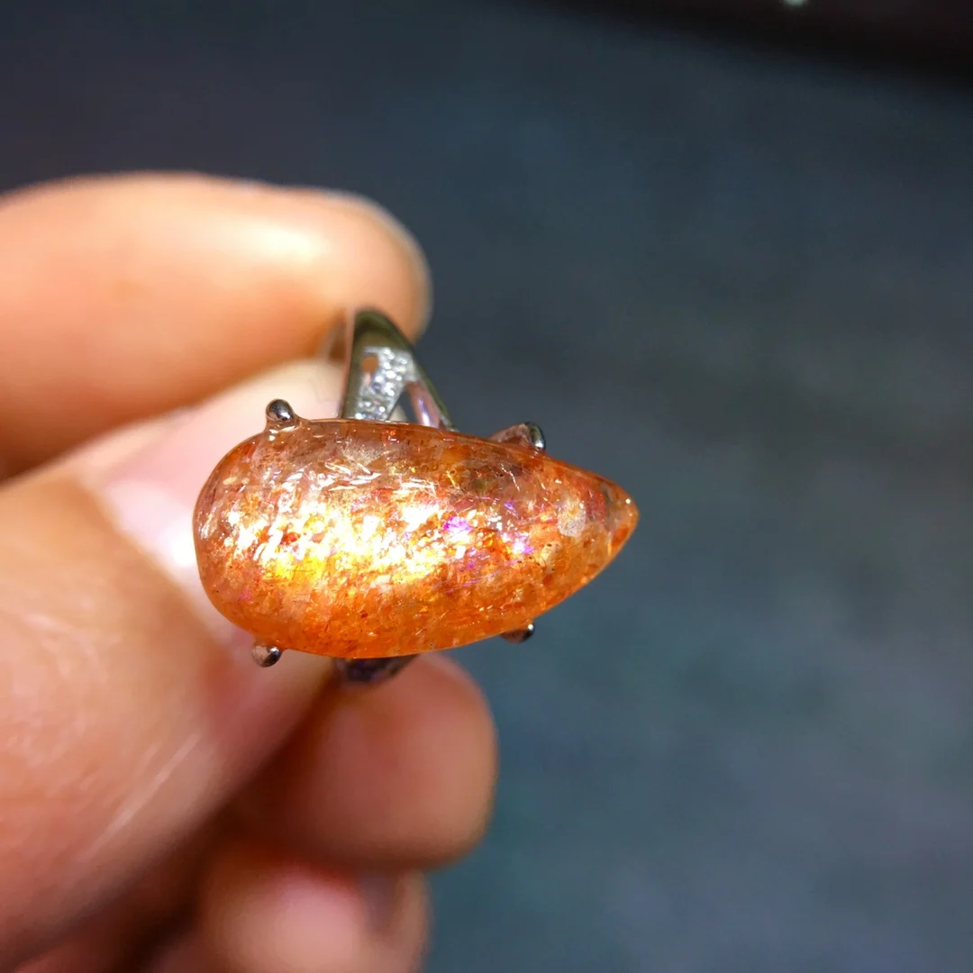 

Natural Sunstone Gold Orange Strawberry Adjustable Ring 18.1/9.5mm Women Flash 925 Sterling Silver Beads Ring AAAAAA