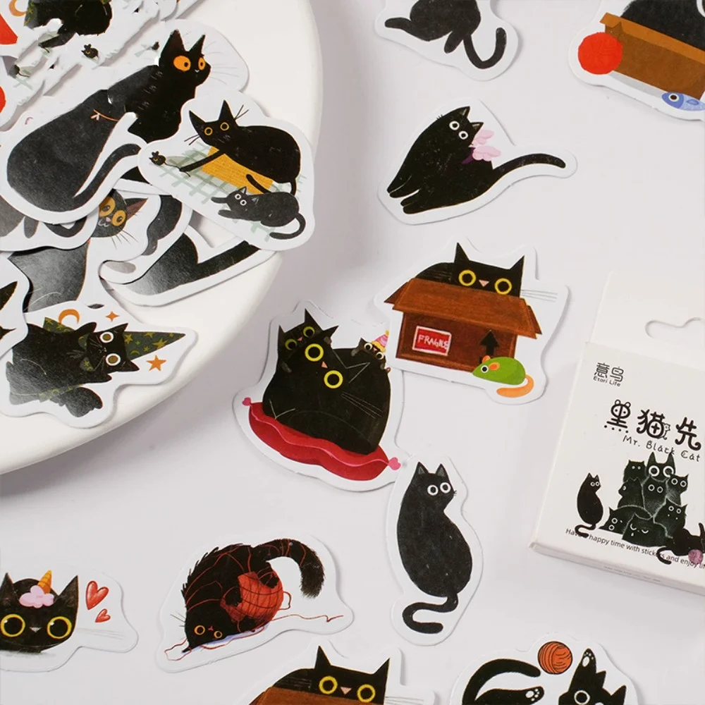 46pcs Cute Scrapbooking Black Cat Sticker School Supplies Aesthetic Graffiti Sticker Stationery Kawaii Children's Decoration