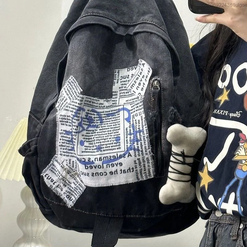 Mochila jeans Sanrio Hello Kitty Letter, mochila escolar de grande capacidade no campus, carta preta, desenho Y2k, estilo japonês, homens e mulheres, nova, verão