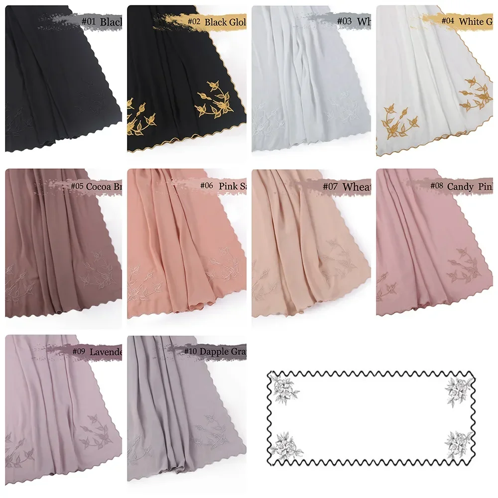 Women Chiffon Scarf  Embroidered Muslim Scarves Fashion Flower Long Shawl Wrap Foulard Femme Hijab Headscarf 180*70cm