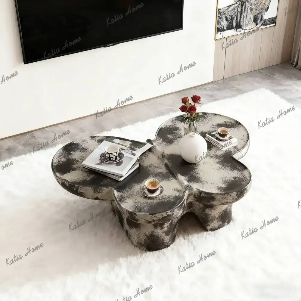 LSButterfly Style Coffee Table Imitation Natural Limestone Texture Black and Beige Matching Decorative Center Table Home Decor