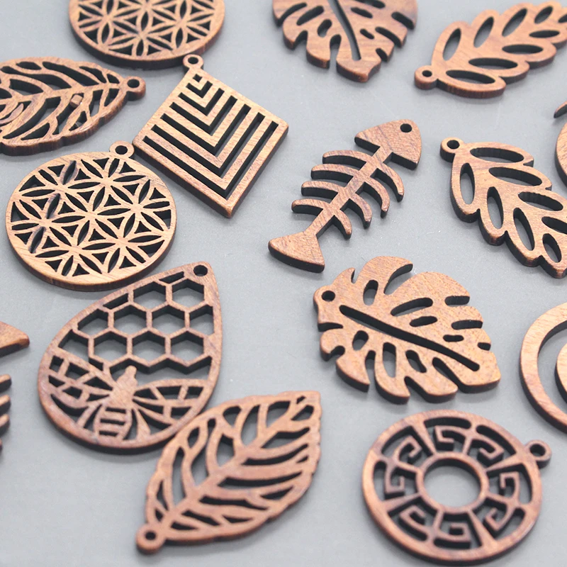 10pcs/lot Hollow Leaves Bee Fish Wood Charms For Earring  Making Cute Vintage Keychain Pendant DIY Jewelry Accessory