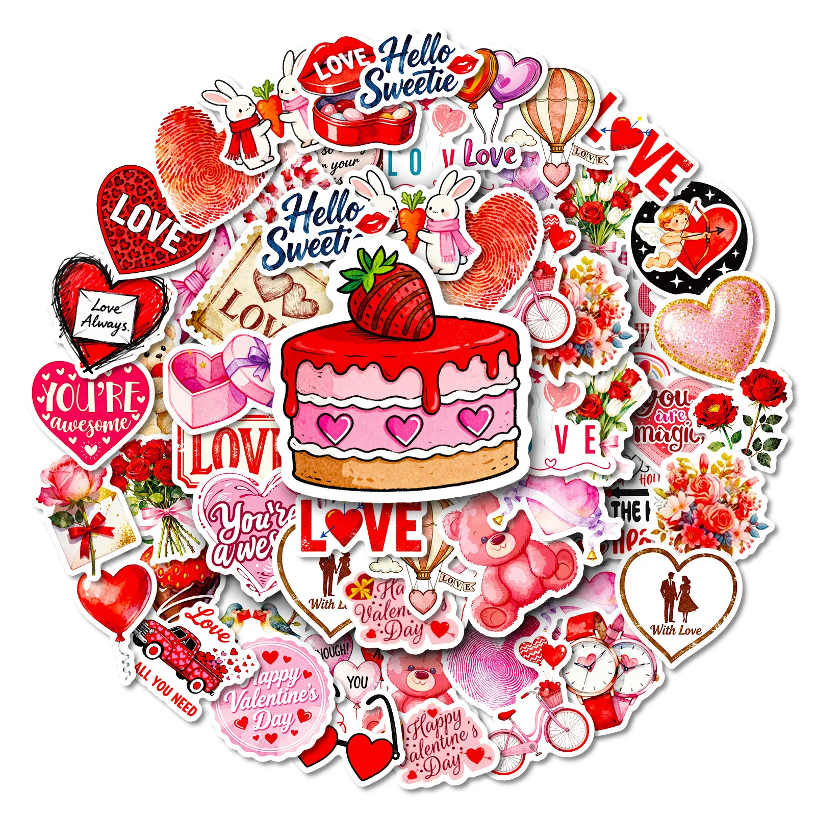 56PCS Cartoon Valentine's Day Hearts Love Graffiti Sticker DIY Decoration PVC Waterproof Skateboard Notebook Graffiti Toy