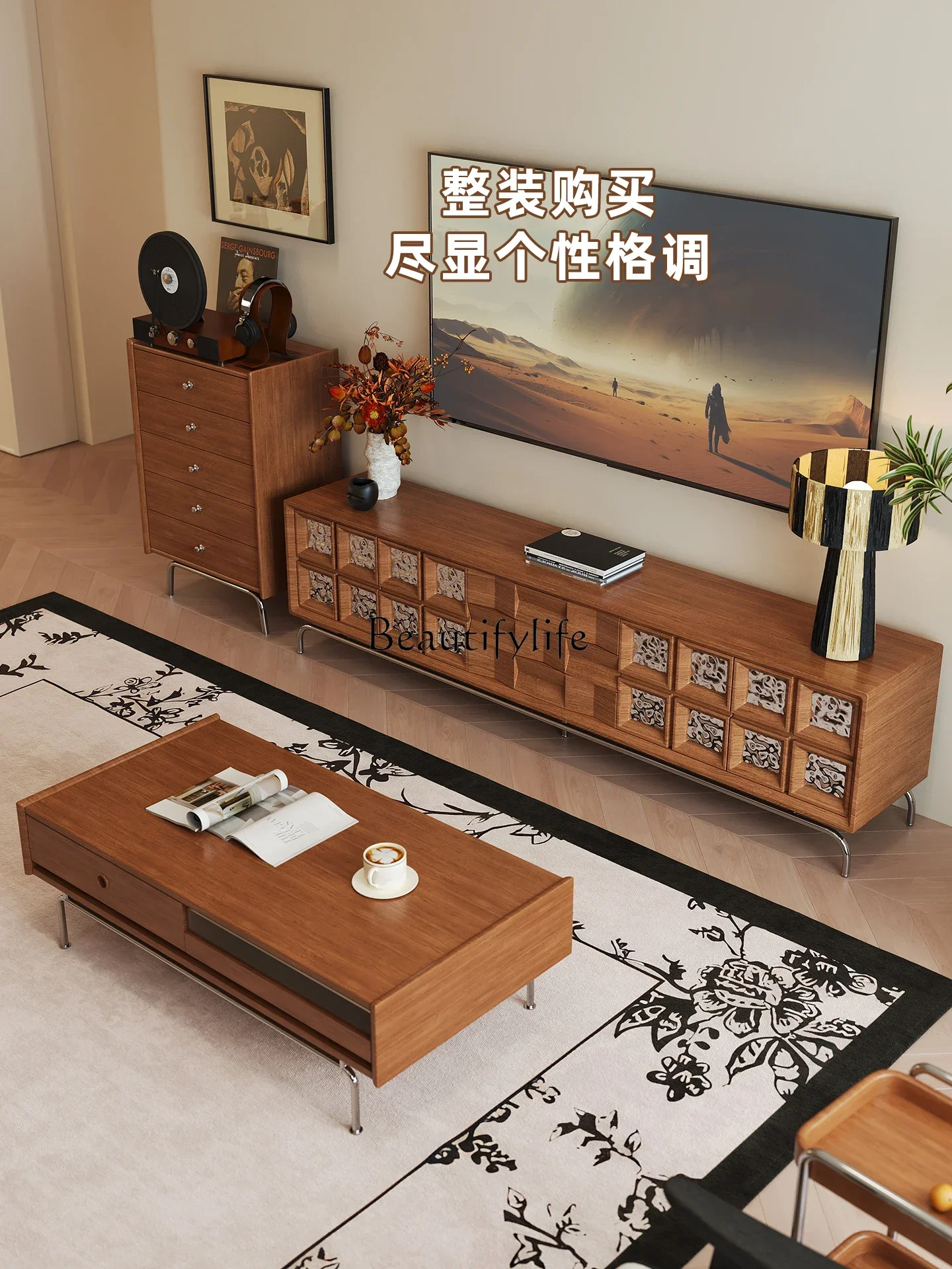 

01 yj19 Vintage Style TV Cabinet Nordic Solid Wood French Retro Living Room Storage Floor Cabinet Integrated Storage Cabinet