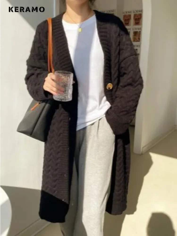 Vintage Style Solid Green Knitting Long Sleeve X-long Women Cardigans 2024 Winter Fashion Casual Oversized Chic Warm Sweater