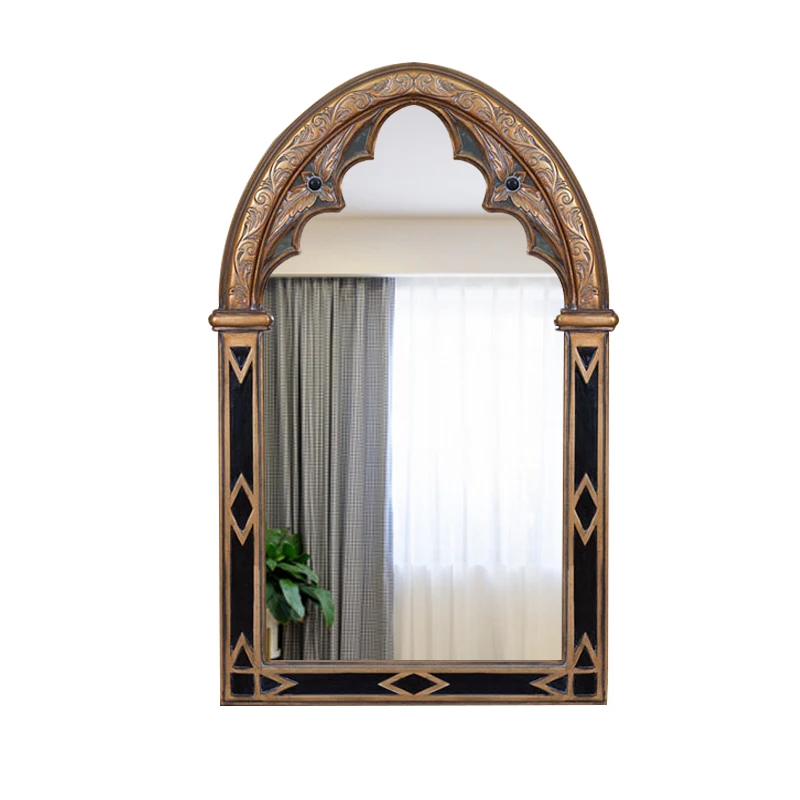 Black makeup decorative mirrors, fireplace, and bathroom are installed neatly