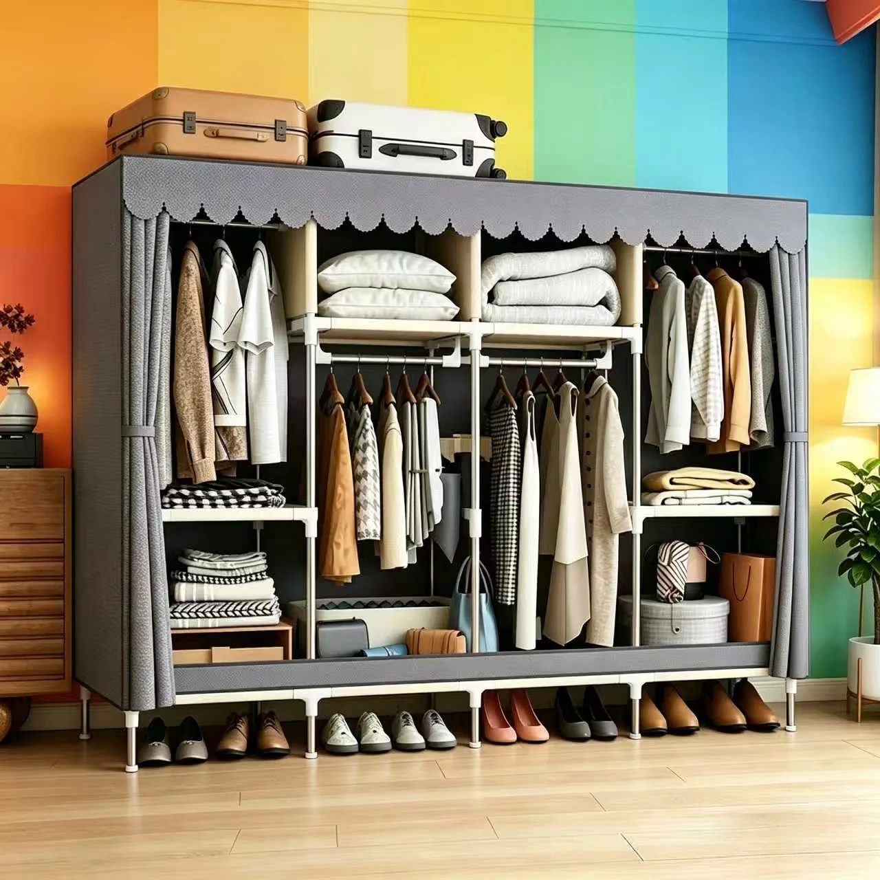 Portable Armoire Wardrobe, 2m Wide Clothes Closet with Hanging Area & Folded Storage, Non-woven Fabric Dustproof Organizer.