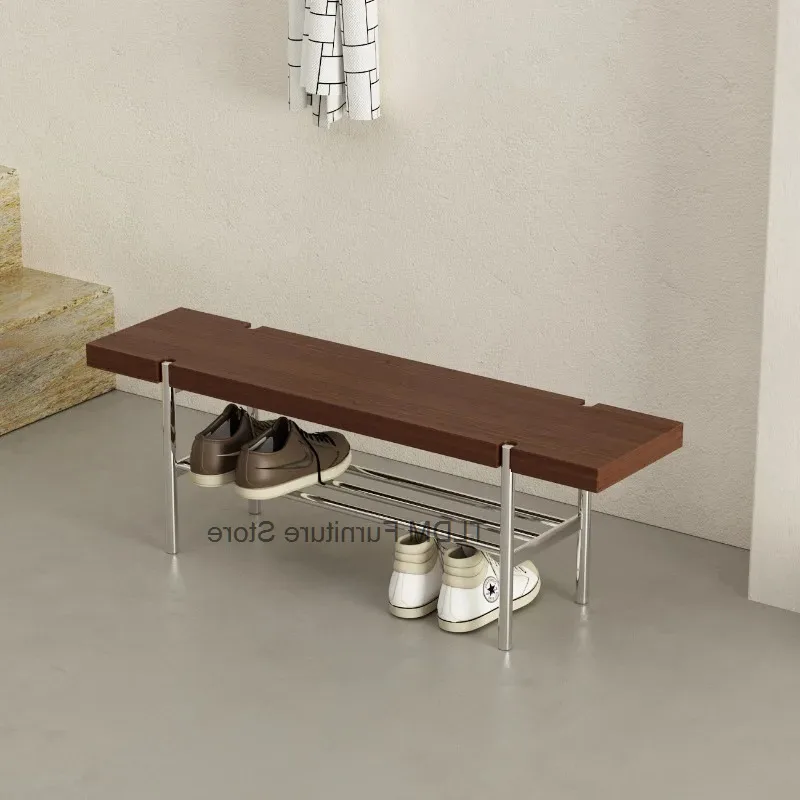 Wood Top Shoe Bench Polished Metal Frame Slatted Shoe Storage Rack Simple Entryway Shoe Changing Stool Solid for Home Organizer