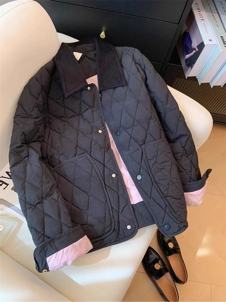 

Черная легкая хлопковая куртка для женщин, зимняя повседневная стеганая куртка контрастного цвета с лацканами, шикарная однобортная верхняя одежда