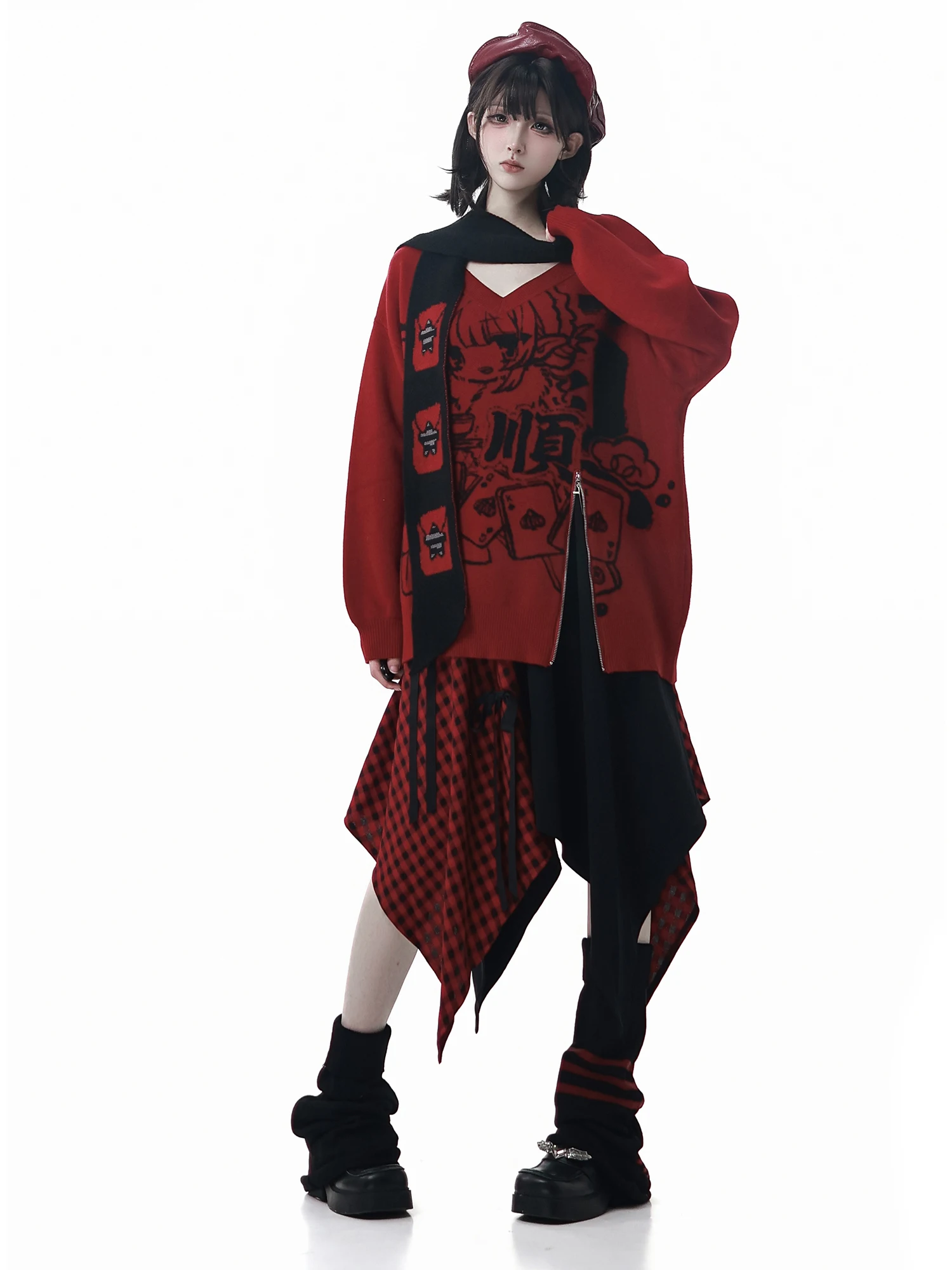 오리지널 새해 크리스마스 니트 스웨터 브이넥 긴팔 루즈핏 다용도 캐주얼 풀오버 하이웨이스트 체크무늬 스커트 여성용