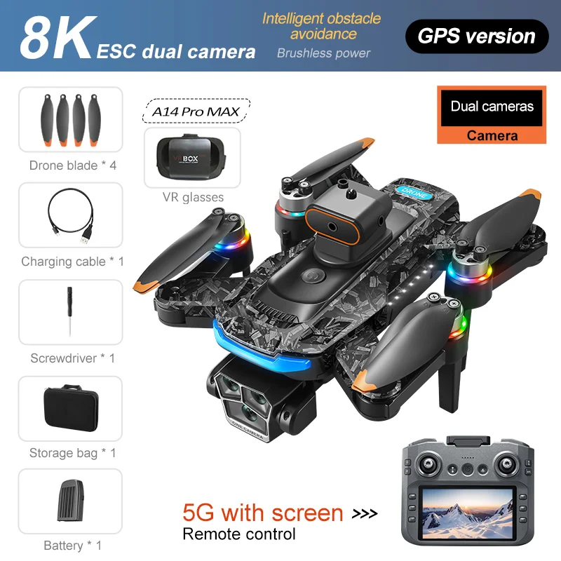 A14Pro Max Drone 8K HD Drie Camera's GPS Borstelloze Optische Flow Obstakelvermijding 4,5-inch groot scherm UAV RC 18000M - afbeelding 2