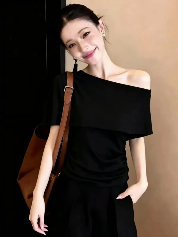 plus Size Women's Slim Fit Short Sleeve T-Shirt One Shoulder Design Summer New Style Korean Style Commute Wind Pure Color
