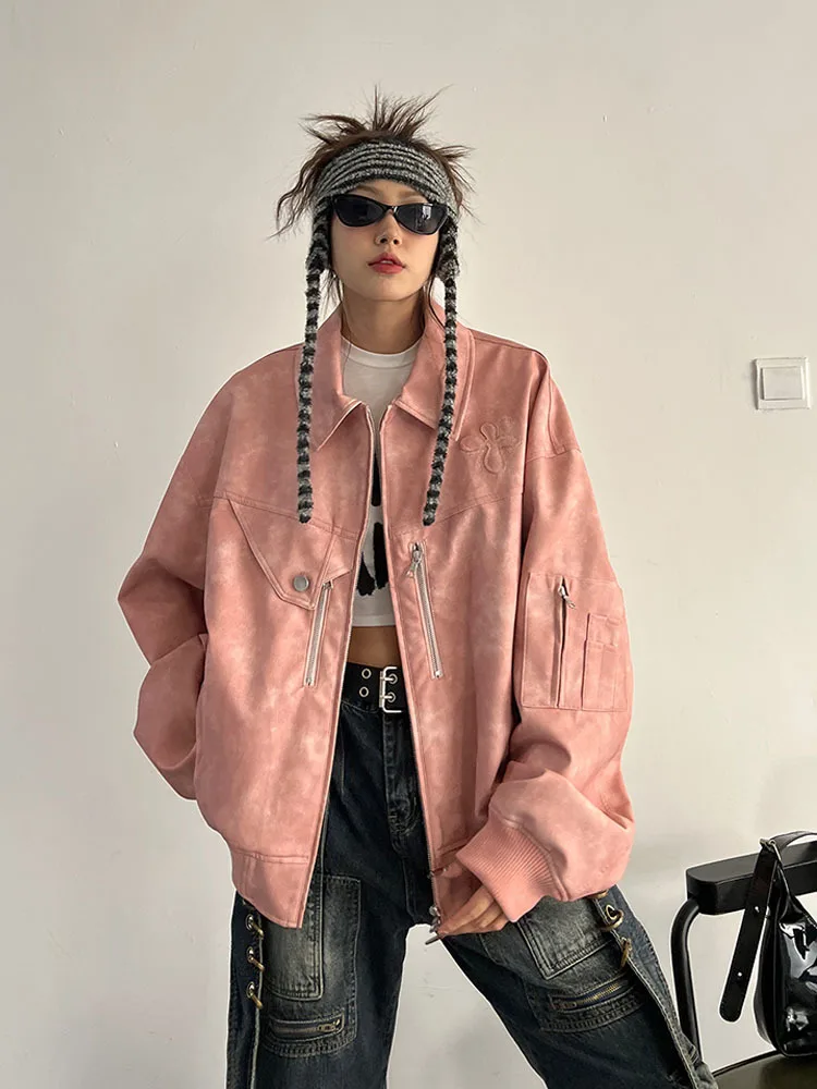 

Retro Pink Suede Leather Jackets Women Loose Bomber Harajuku Y2k Cropped Jacket Vintage Motorcycle Coats Female Outwear