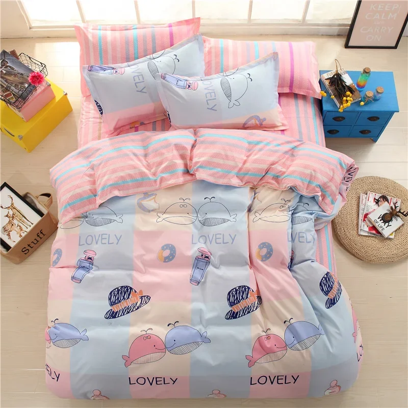 Cartoon Dolphin Duvet Cover Girl Dreamy Ocean Theme Bedding Set Reversible Quilt Cover with Stripe Flat Sheet and 1/2 Pillowcase