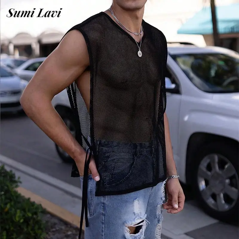 Nightclub Mens Sexy Tank Top Hollow Out Side Lace-up Sleeveless Sexy Mesh Tops Men Summer Fashion V Neck See Through Mesh Vest