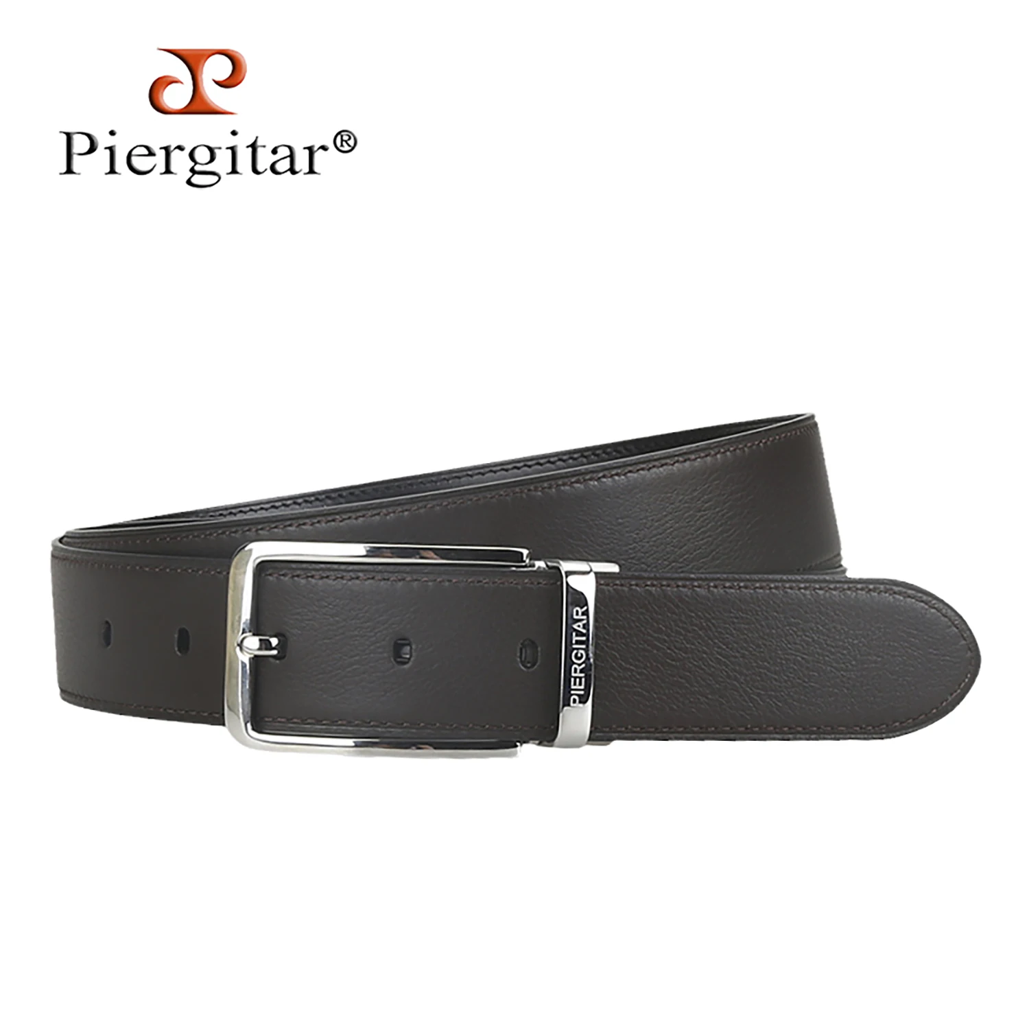 Piergitar Dark Brown Lychee Pattern Genuine Leather Men's Belt With Custom Gold Or Sliver Mirror Buckle For Formal Occasion Wear