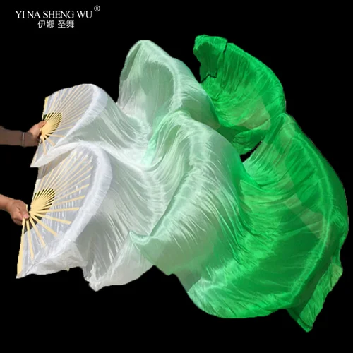 Imagen 2 del producto Abanico de danza del vientre de seda Real de alta calidad, 1 par, práctica de bailarina teñida china hecha a mano, abanicos largos de seda, accesorios de baile, Color degradado