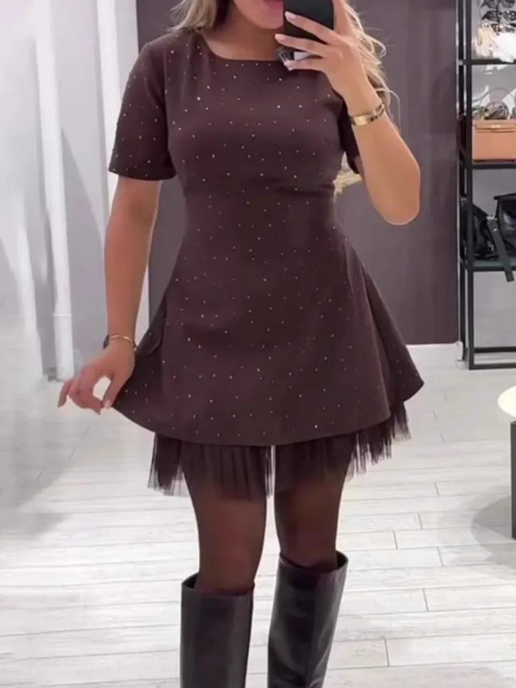 فستان كاجوال أنيق لربيع وصيف نمط جديد حار حجر الراين هيم شبكة الصلبة فساتين راقية للنساء فستان مناسبات قصيرة الأكمام #1