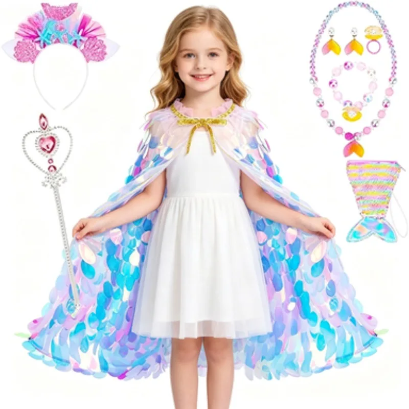 9-piece Girls' Mermaid Sequin Cape Outfit, Kids' Clothing for Halloween Masquerade Parties, Children's Wear Suitable for Parties