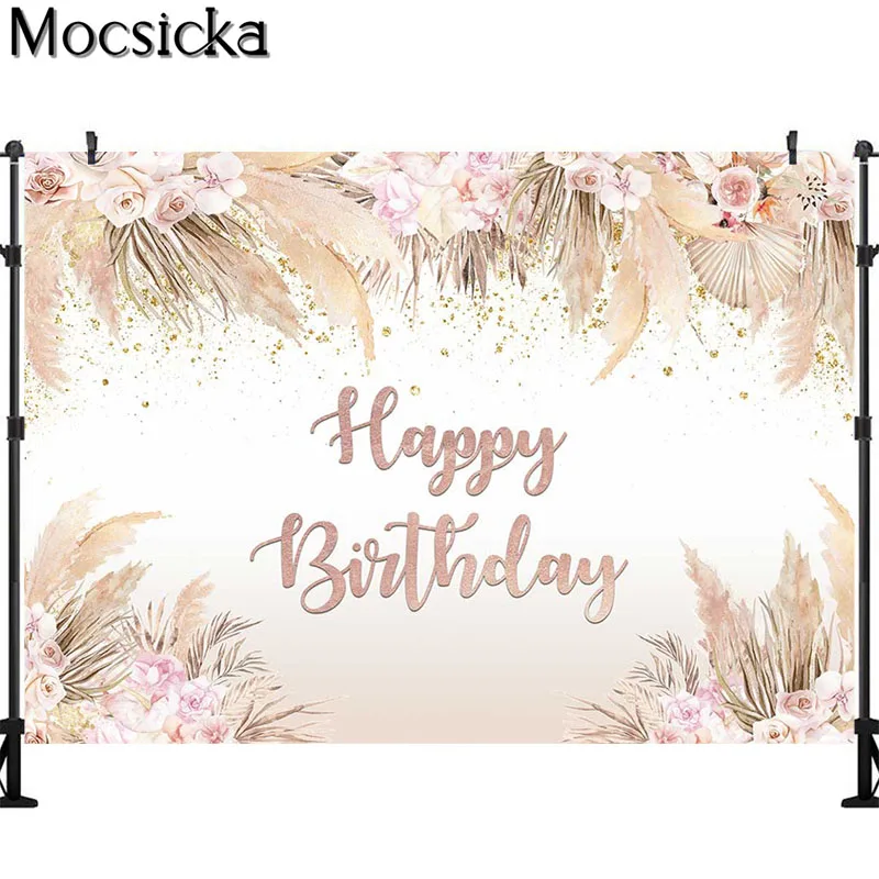 Watercolor Boho Birthday Backdrop Party Decorations Pink Flowers Bohemia Photography Background Cake Table Banner Photo Props