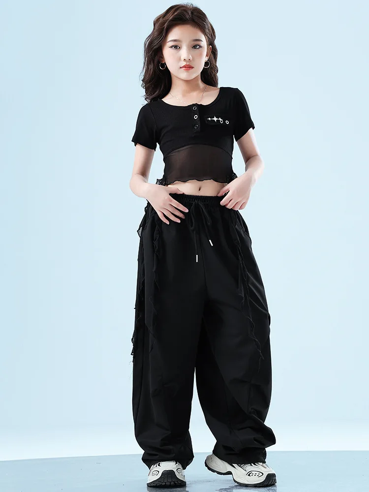 Ropa de Hip Hop Kpop para chico, Top corto con tirantes blancos y negros, pantalones informales de paracaídas para el sudor para niña, trajes de baile de Jazz, ropa