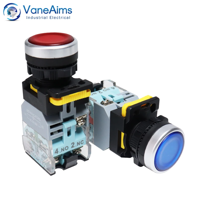 VaneAims 22MM FXB38 interruptor de botón de luz LED de plástico 10A 12V 220V interruptor de encendido/apagado de enganche momentáneo con contacto