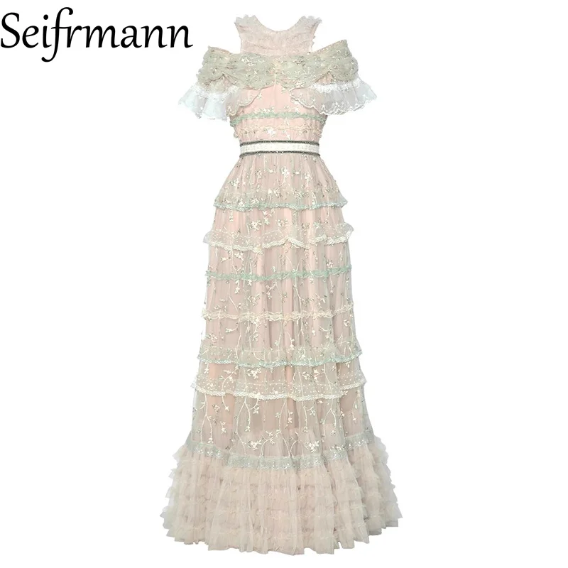 Seifrmann 2026 printemps femmes nouvelle mode épaules dénudées à manches courtes brodé maille taille cintrée robe
