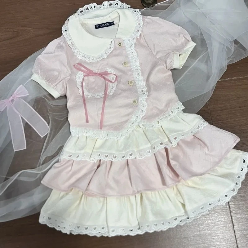 Frühling Sommer Koreanische Mode Y2k Lolita Damen 2-Teiliges Set Preppy-Stil Japanischer Kawaii Schlankmachender Party-Urlaubs-Damenanzug