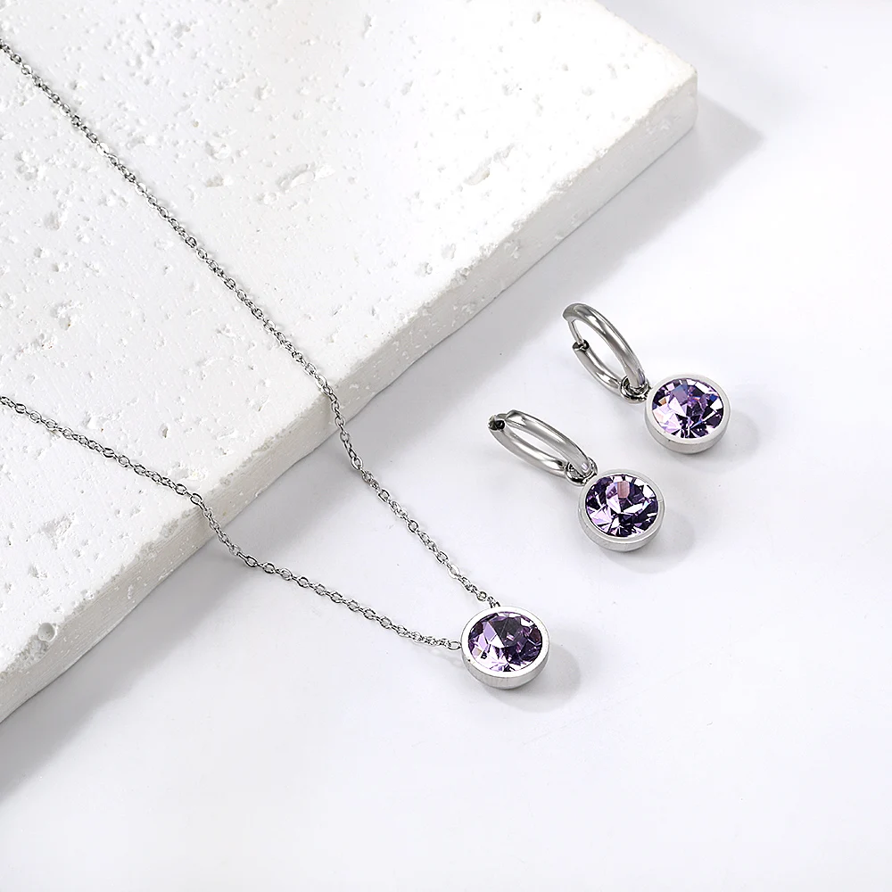 LUXUSTEEL Round White Colorful Crystal Stone Drop Hoop Earrings Necklace Women Stainless Steel Purple Green Blue Zirconia Sets
