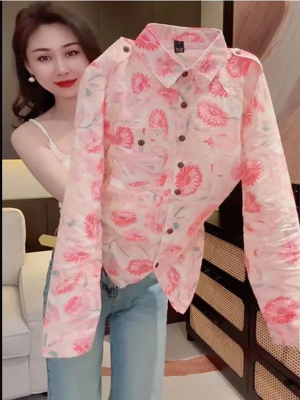 

Faionable Long Sve Women's irt Spring New Korean Sle Printed Base irt Ele Pink Color Commute Sle Loose Fit