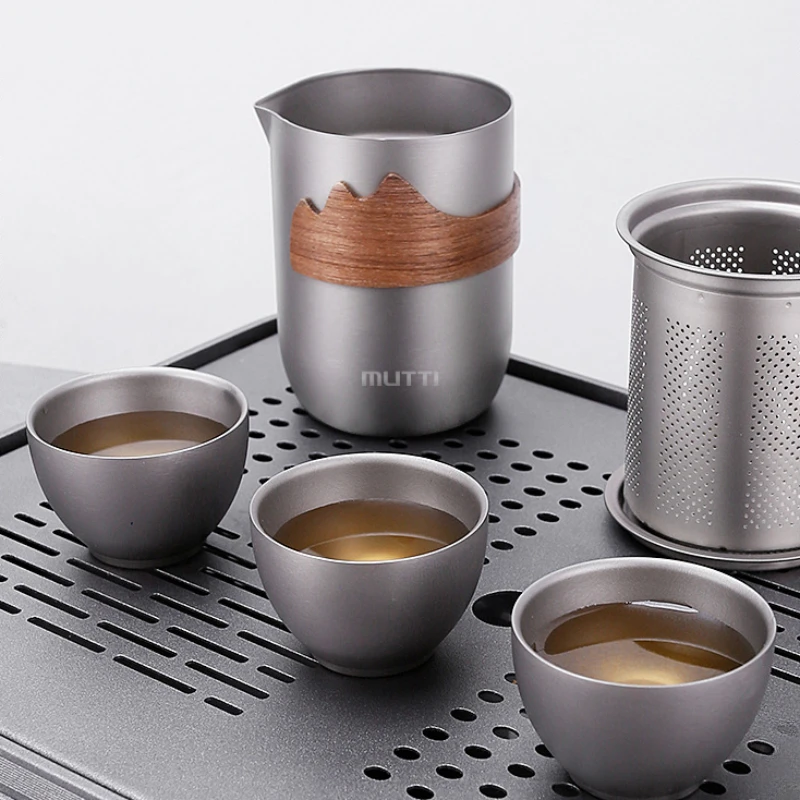 

Pure Titanium Double Layer Teacup Travel Portable Outdoor Camping Kung Fu Tea Set Household Anti-scald Teapot Filter Tea Infuser