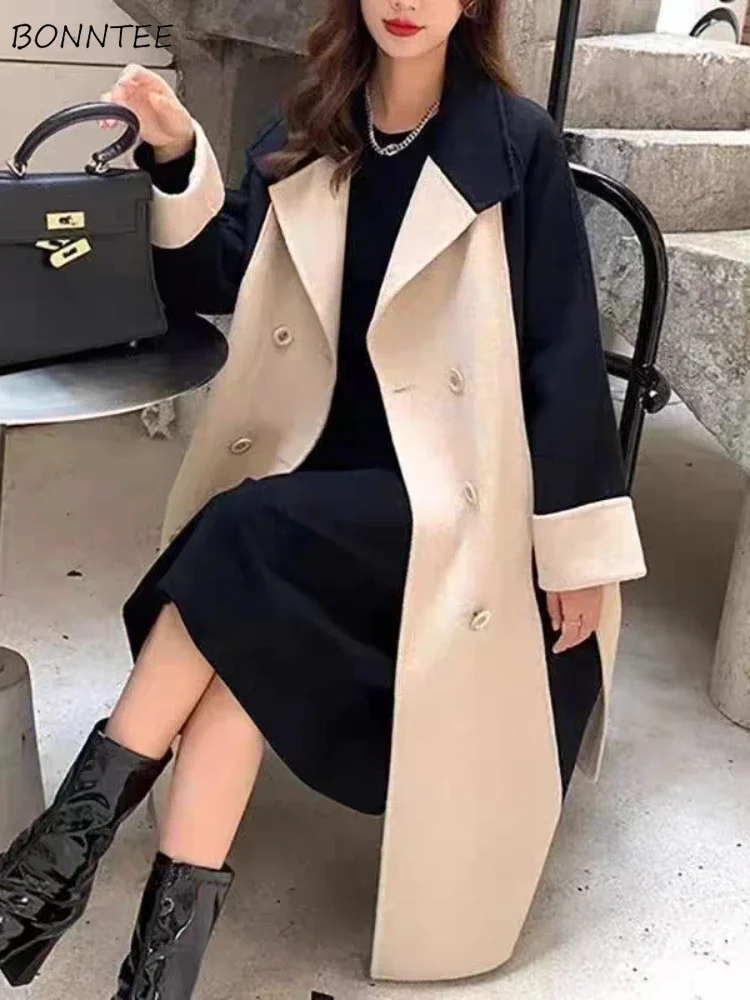 

Panelled Long Blends Women Autumn Winter Elegant Wool Coats Warm Temper French Style All-match Soft Aesthetic Females Clothing